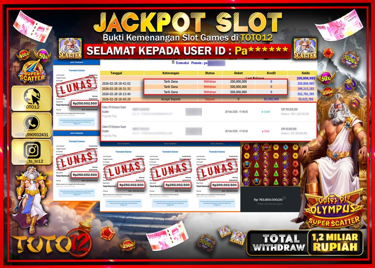 HANYA DI TOTO12 JP PASTI DI BAYAR LUNAS DAN CEPAT!!!!!! JACKPOT SLOT GAME (GATES OF OLYMPUS SUPER SCATTER) Rp.1.200.000.000!!!!
