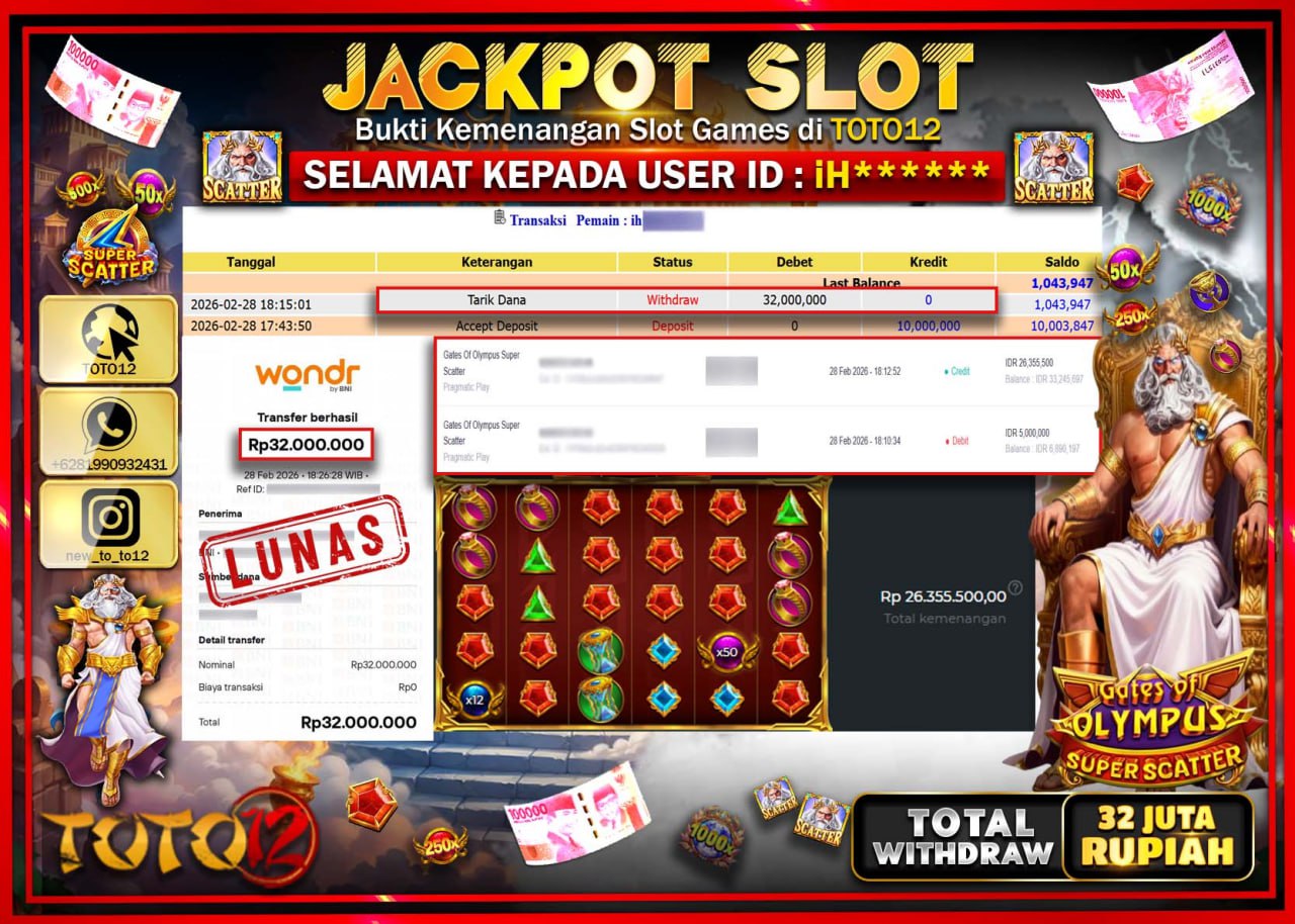 HANYA DI TOTO12 JP PASTI DI BAYAR LUNAS DAN CEPAT!!!!!! JACKPOT SLOT GAME (GATES OF OLYMPUS SUPER SCATTER) Rp.32.000.000!!!!