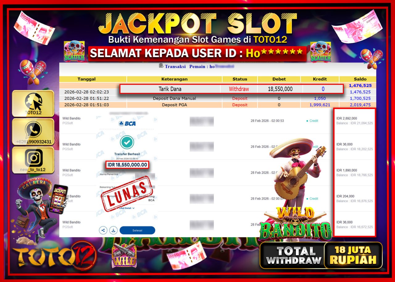 HANYA DI TOTO12 JP PASTI DI BAYAR LUNAS DAN CEPAT!!!!!! JACKPOT SLOT GAME (WILD BANDITO) Rp.18.550.000!!!!