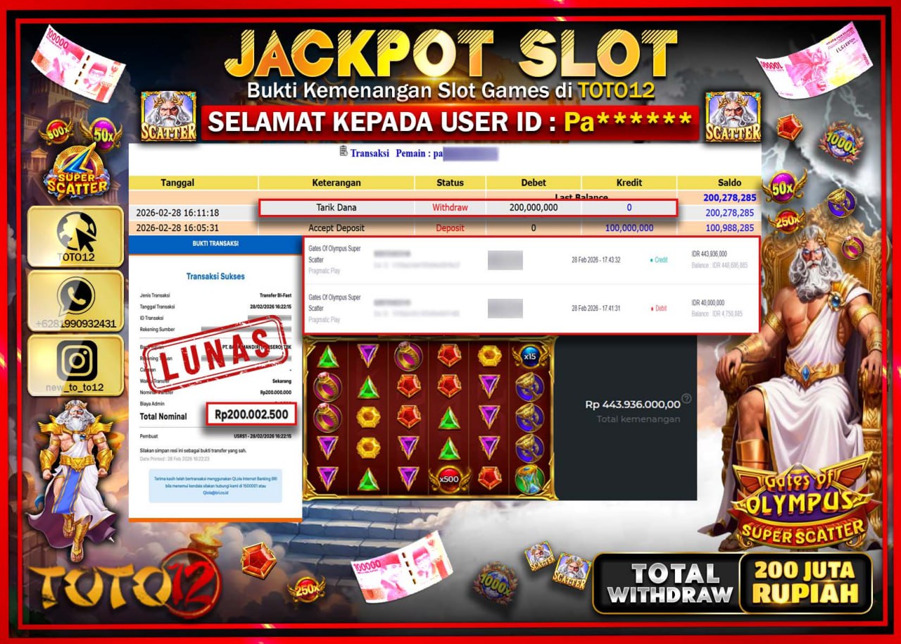 HANYA DI TOTO12 JP PASTI DI BAYAR LUNAS DAN CEPAT!!!!!! JACKPOT SLOT GAME (GATES OF OLYMPUS SUPER SCATTER) Rp.200.000.000!!!!