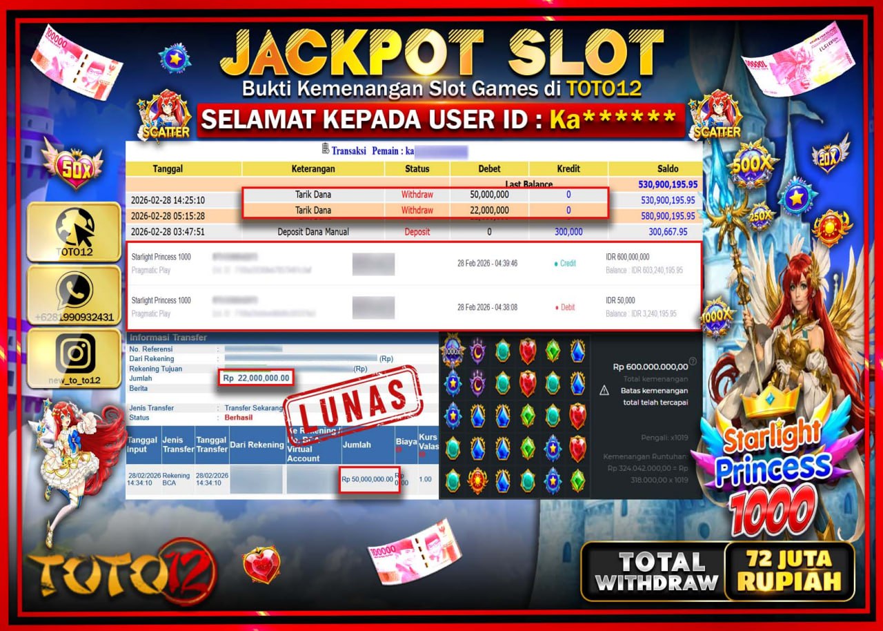 HANYA DI TOTO12 JP PASTI DI BAYAR LUNAS DAN CEPAT!!!!!! JACKPOT SLOT GAME (STARLIGHT PRINCES 1000) Rp.72.000.000!!!!