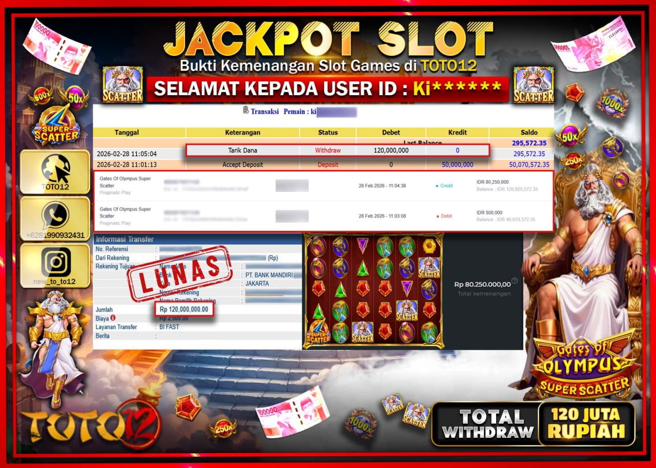 HANYA DI TOTO12 JP PASTI DI BAYAR LUNAS DAN CEPAT!!!!!! JACKPOT SLOT GAME (GATES OF OLYMPUS SUPER SCATTER) Rp.120.000.000!!!!