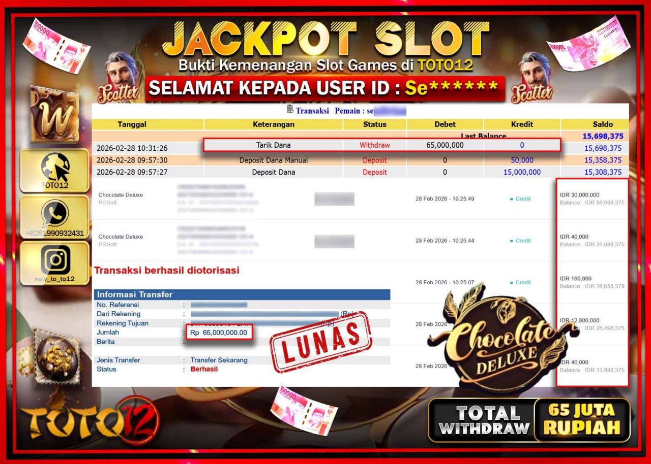 HANYA DI TOTO12 JP PASTI DI BAYAR LUNAS DAN CEPAT!!!!!! JACKPOT SLOT GAME (CHOCOLATE DELUXE) Rp.65.000.000!!!!