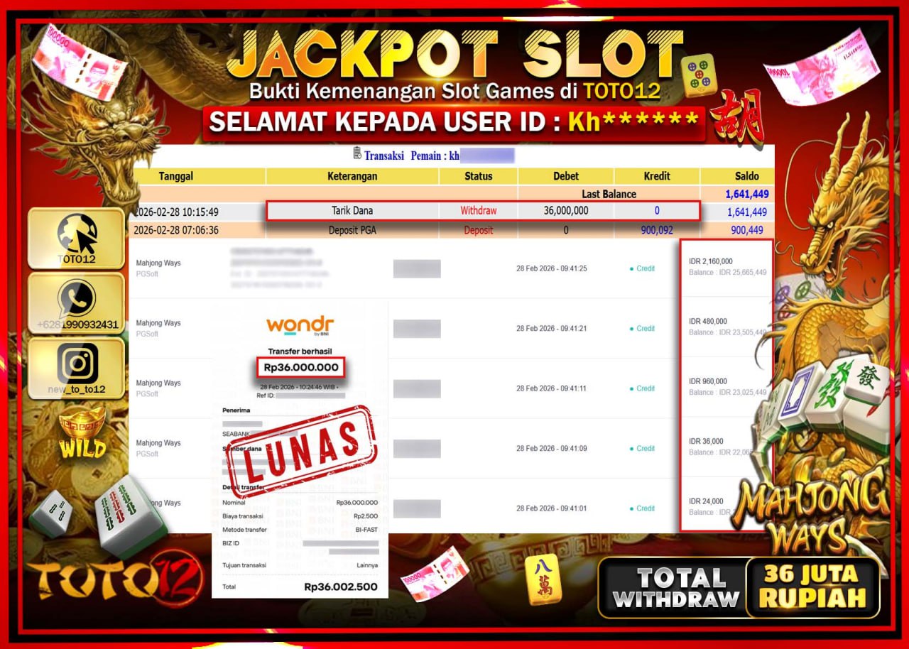 HANYA DI TOTO12 JP PASTI DI BAYAR LUNAS DAN CEPAT!!!!!! JACKPOT SLOT GAME (MAHJONG WAYS) Rp.36.000.000!!!!