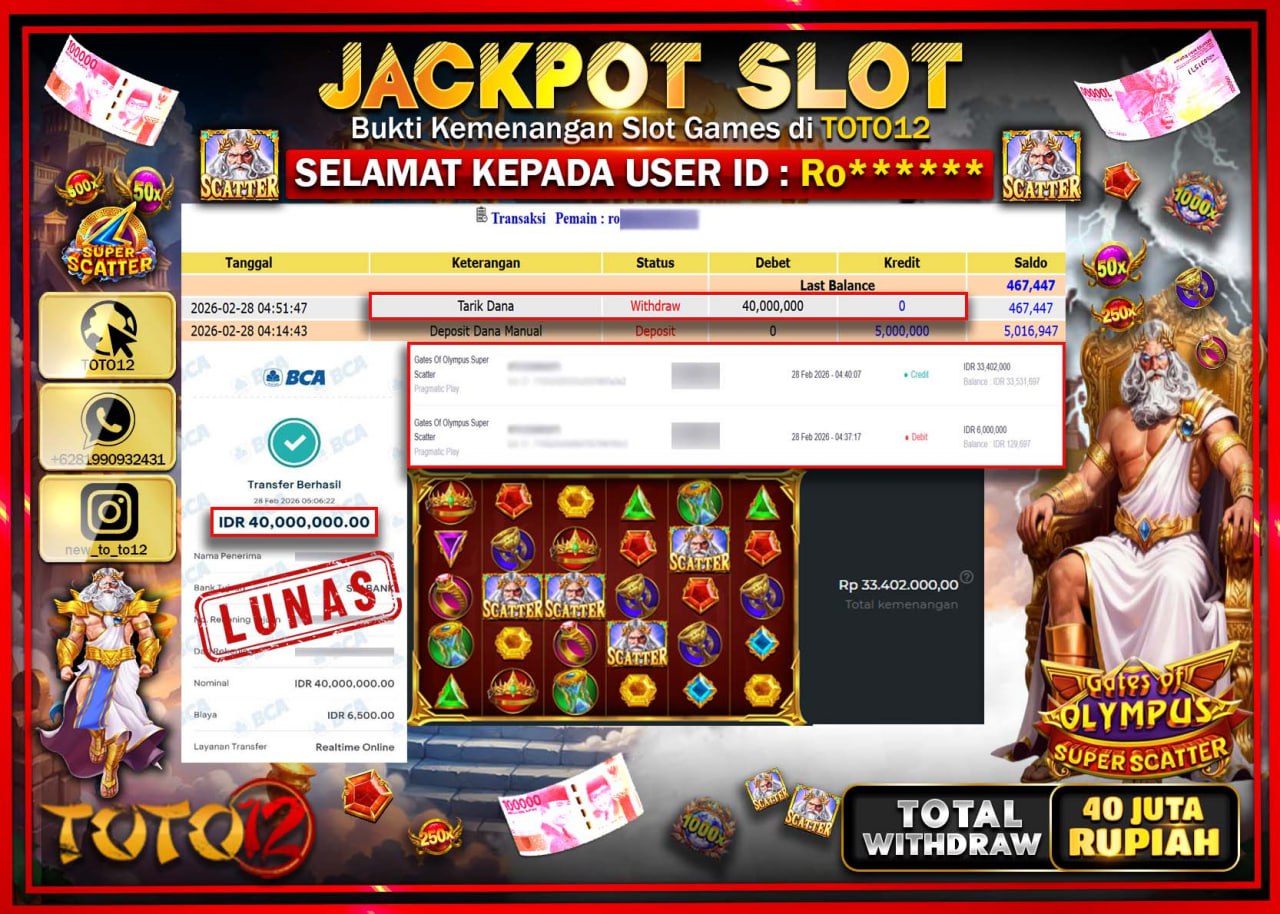 HANYA DI TOTO12 JP PASTI DI BAYAR LUNAS DAN CEPAT!!!!!! JACKPOT SLOT GAME (GATES OF OLYMPUS SUPER SCATTER) Rp.40.000.000!!!!