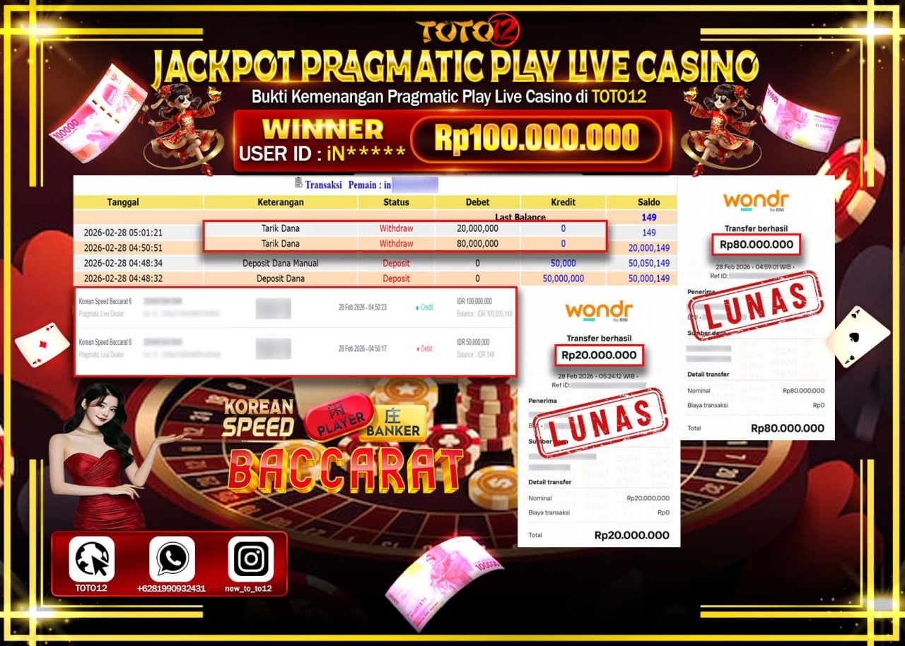 HANYA DI TOTO12 JP PASTI DI BAYAR LUNAS DAN CEPAT!!!!!! JACKPOT PRAGMATIC PLAY LIVE GAME CASINO (KOREAN SPEED BACCARAT) Rp.100.000.000!!!!
