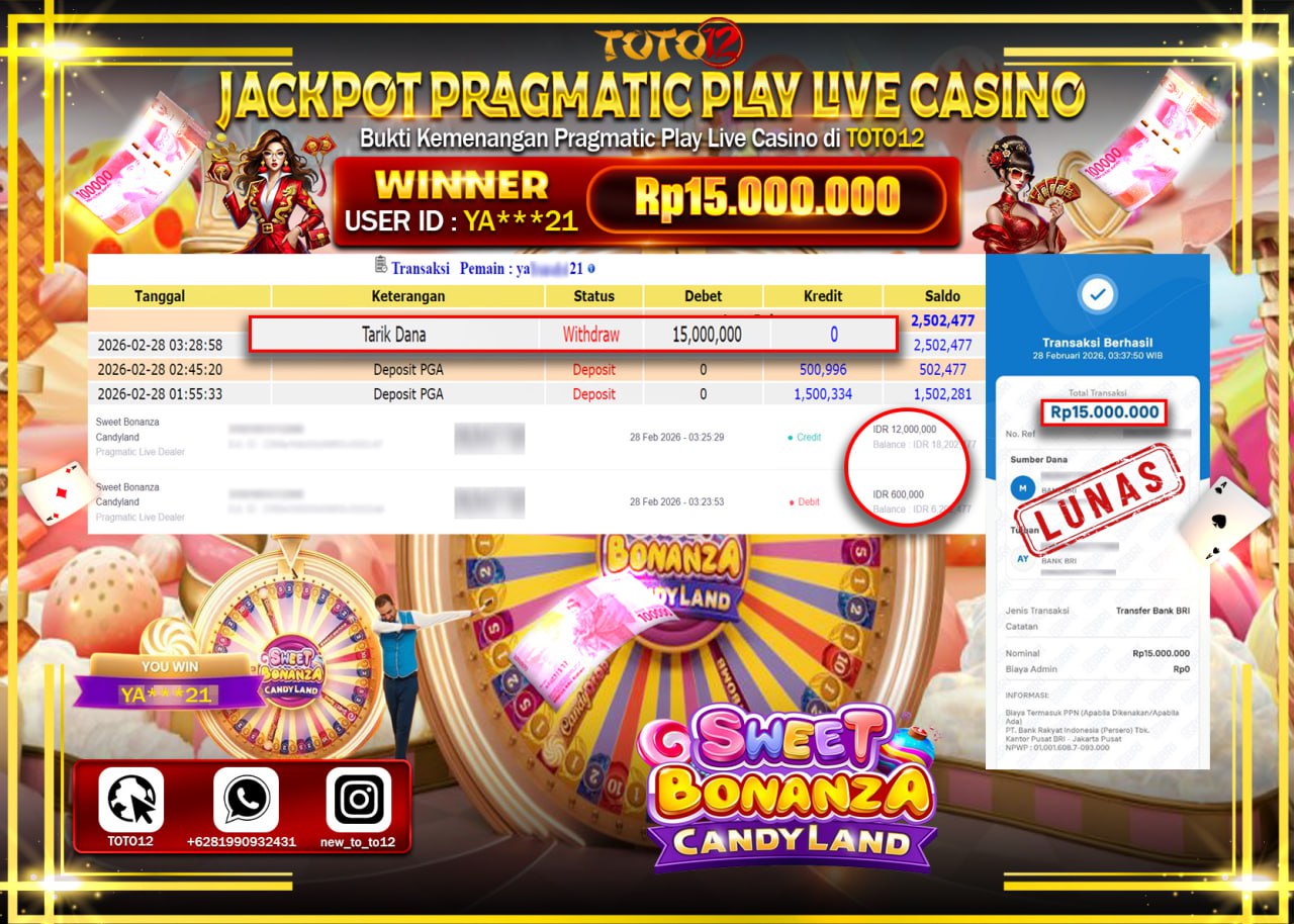 HANYA DI TOTO12 JP PASTI DI BAYAR LUNAS DAN CEPAT!!!!!! JACKPOT PRAGMATIC PLAY LIVE GAME CASINO (SWEET BONANZA CANDYLAND) Rp.15.000.000!!!!