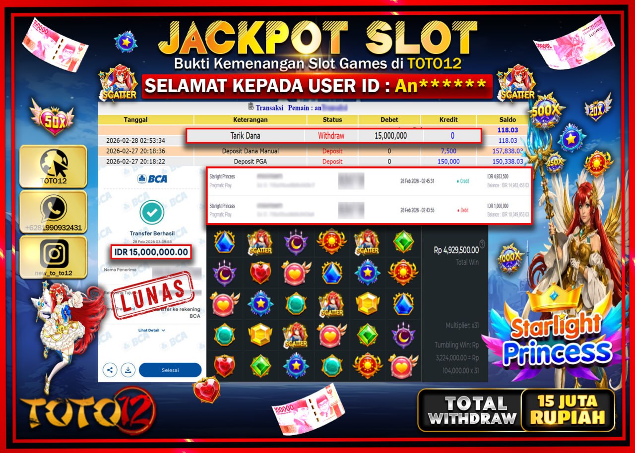 HANYA DI TOTO12 JP PASTI DI BAYAR LUNAS DAN CEPAT!!!!!! JACKPOT SLOT GAME (STARLIGHT PRINCESS) Rp.15.000.000!!!!
