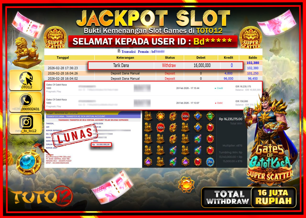 HANYA DI TOTO12 JP PASTI DI BAYAR LUNAS DAN CEPAT!!!!!! JACKPOT SLOT GAME (GATES OF GATOT KACA SUPER SCATTER) Rp.16.000.000!!!!