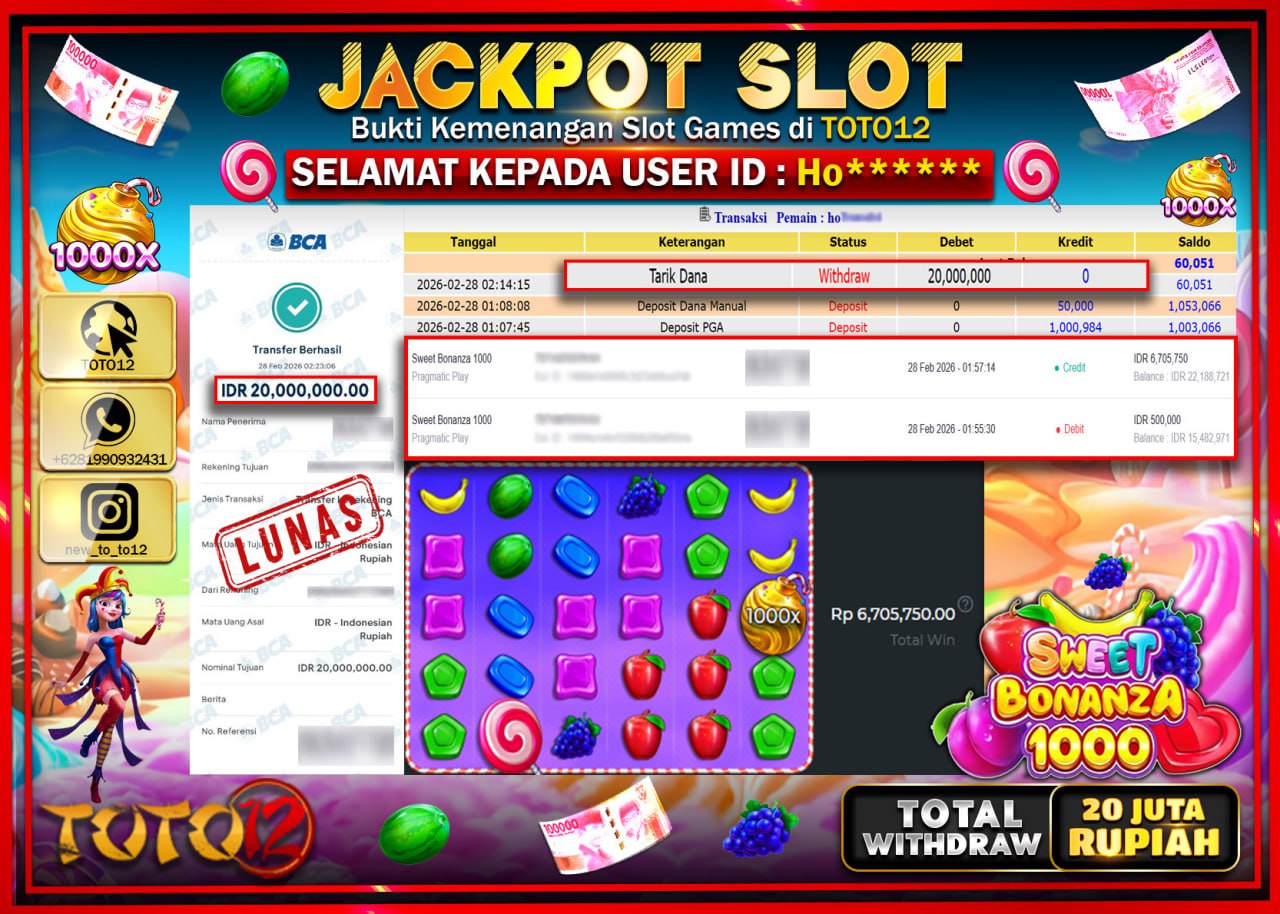 HANYA DI TOTO12 JP PASTI DI BAYAR LUNAS DAN CEPAT!!!!!! JACKPOT SLOT GAME (SWEET BONANZA 1000) Rp.20.000.000!!!!