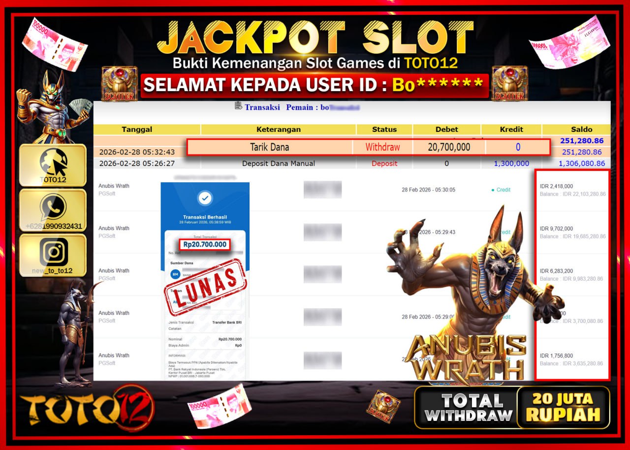 HANYA DI TOTO12 JP PASTI DI BAYAR LUNAS DAN CEPAT!!!!!! JACKPOT SLOT GAME (ANUBIS WRATH) Rp.20.700.000!!!!