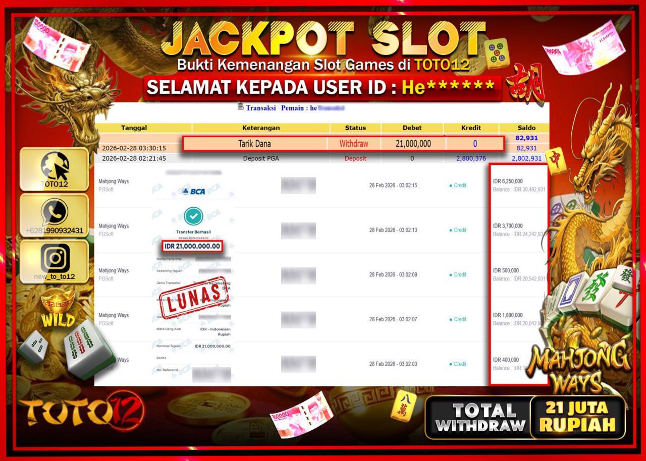 HANYA DI TOTO12 JP PASTI DI BAYAR LUNAS DAN CEPAT!!!!!! JACKPOT SLOT GAME (MAHJONG WAYS) Rp.21.000.000!!!!