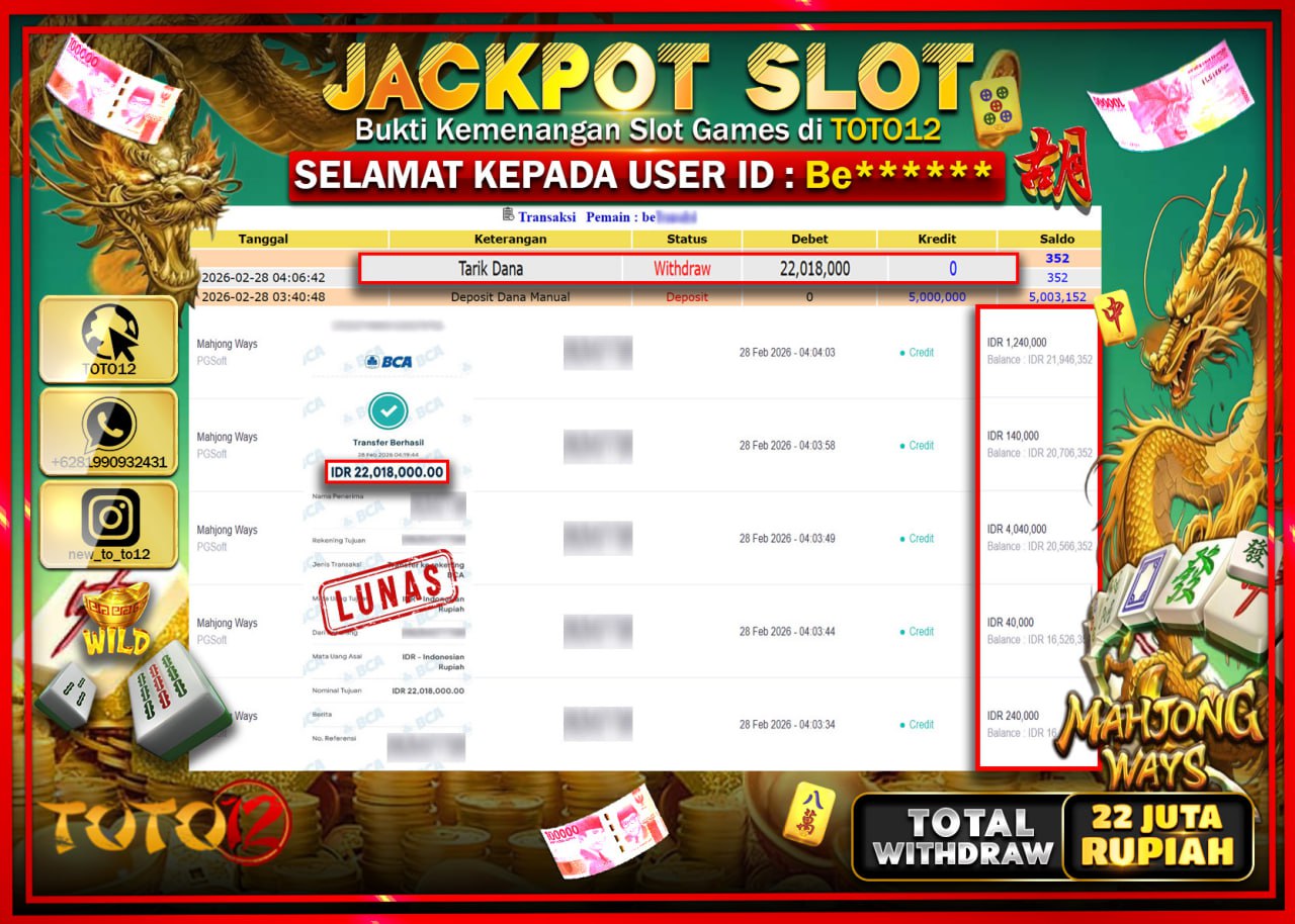 HANYA DI TOTO12 JP PASTI DI BAYAR LUNAS DAN CEPAT!!!!!! JACKPOT SLOT GAME (MAHJONG WAYS) Rp.22.018.000!!!!