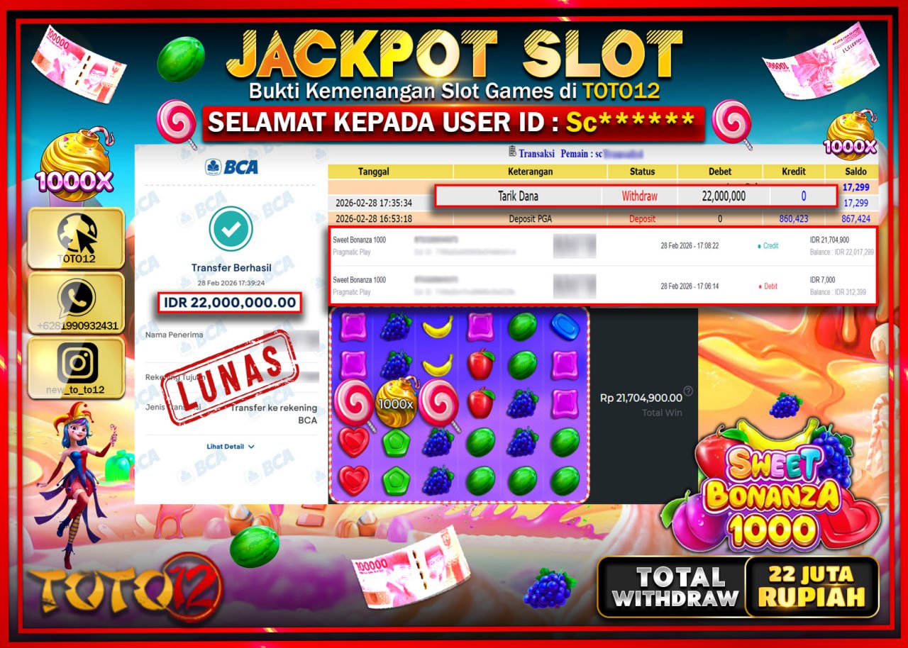 HANYA DI TOTO12 JP PASTI DI BAYAR LUNAS DAN CEPAT!!!!!! JACKPOT SLOT GAME (SWEET BONANZA 1000) Rp.22.000.000!!!!