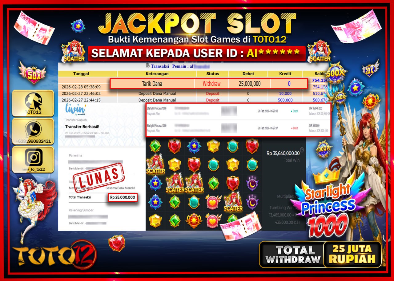 HANYA DI TOTO12 JP PASTI DI BAYAR LUNAS DAN CEPAT!!!!!! JACKPOT SLOT GAME (STARLIGHT PRINCESS 1000) Rp.25.000.000!!!!