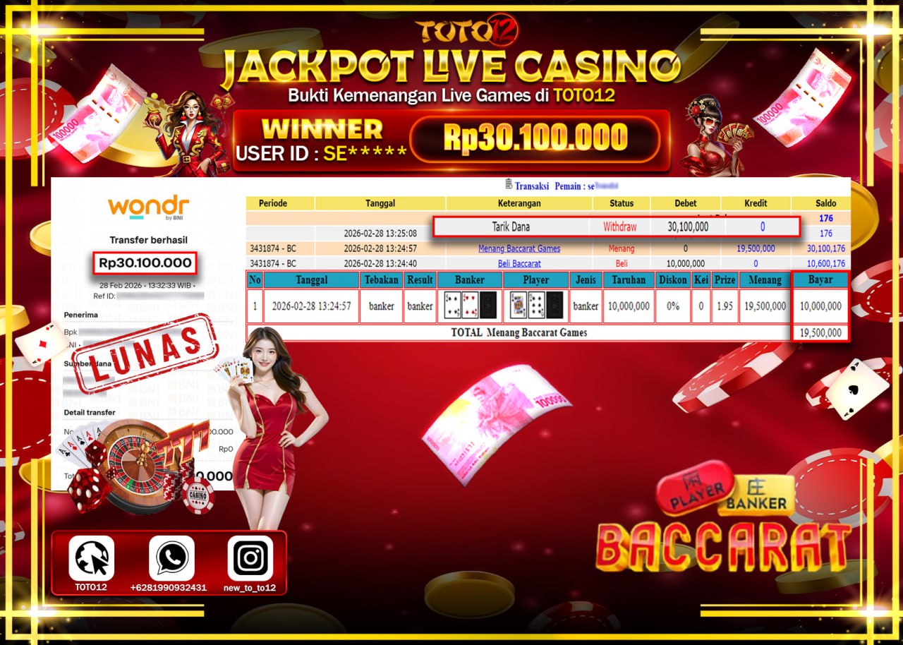 HANYA DI TOTO12 JP PASTI DI BAYAR LUNAS DAN CEPAT!!!!!! JACKPOT LIVE GAMES CASINO (BACCARAT) Rp.30.100.000!!!!
