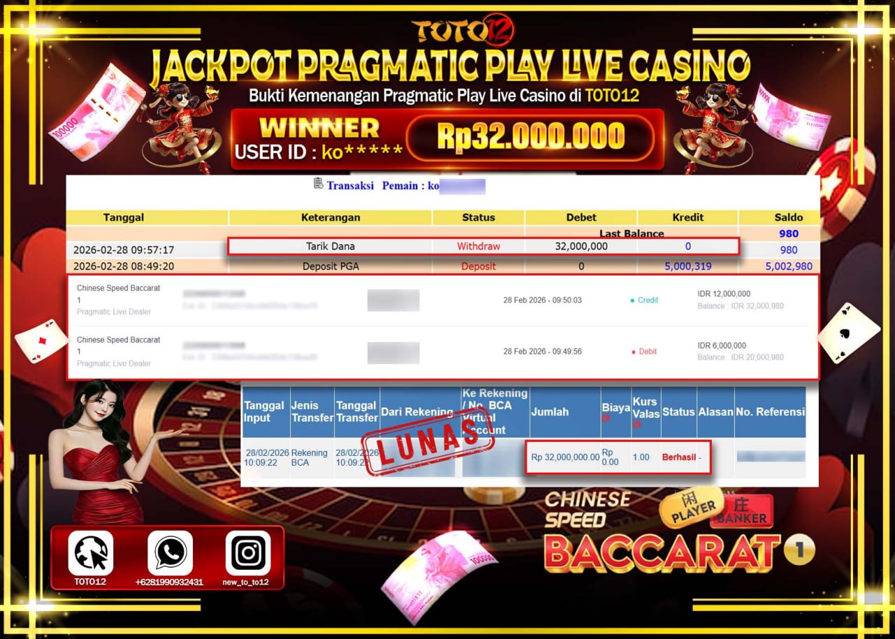 HANYA DI TOTO12 JP PASTI DI BAYAR LUNAS DAN CEPAT!!!!!! JACKPOT PRAGMATIC PLAY LIVE GAME CASINO (CHINESE SPEED BACCARAT 1) Rp.32.000.000!!!!