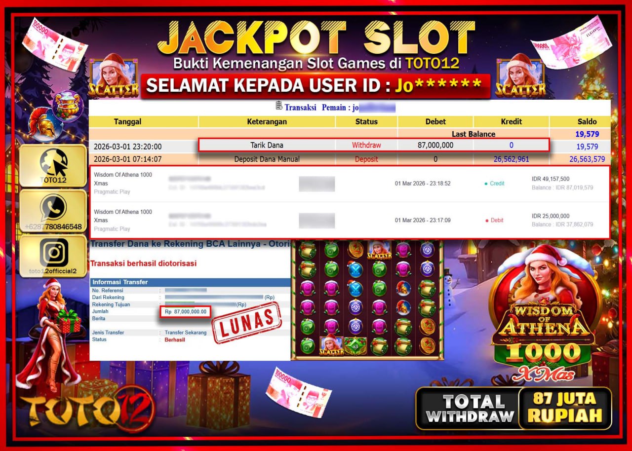 HANYA DI TOTO12 JP PASTI DI BAYAR LUNAS DAN CEPAT!!!!!! JACKPOT SLOT GAME (WISDOM OF ATHENA) Rp.87.000.000!!!!