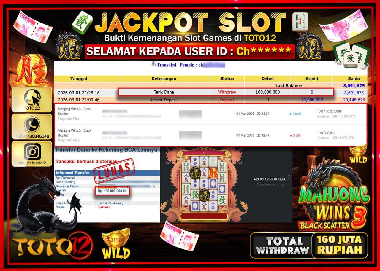 HANYA DI TOTO12 JP PASTI DI BAYAR LUNAS DAN CEPAT!!!!!! JACKPOT SLOT GAME (MAHJONG WINS 3 BLACK SCATTER) Rp.160.000.000!!!!