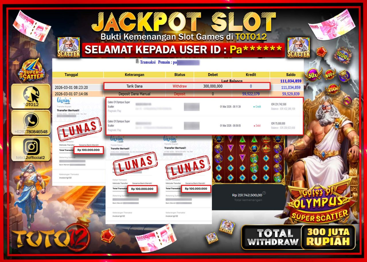 HANYA DI TOTO12 JP PASTI DI BAYAR LUNAS DAN CEPAT!!!!!! JACKPOT SLOT GAME (GATES OF OLYMPUS SUPER SCATTER) Rp.300.000.000!!!!