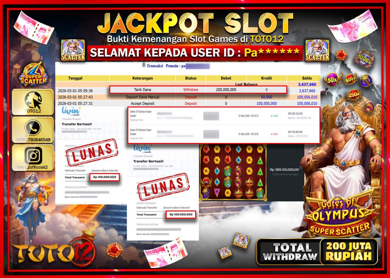 HANYA DI TOTO12 JP PASTI DI BAYAR LUNAS DAN CEPAT!!!!!! JACKPOT SLOT GAME (GATES OF OLYMPUS SUPER SCATTER) Rp.200.000.000!!!!