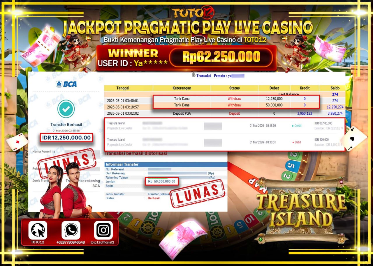 HANYA DI TOTO12 JP PASTI DI BAYAR LUNAS DAN CEPAT!!!!!! JACKPOT PRAGMATIC PLAY LIVE GAME CASINO (TREASURE ISLAND) Rp.62.250.000!!!!