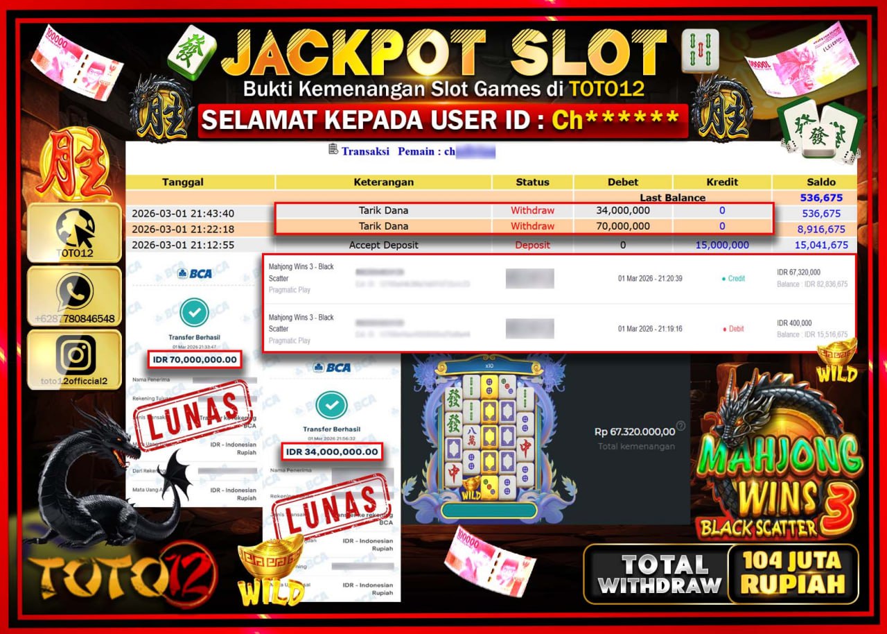 HANYA DI TOTO12 JP PASTI DI BAYAR LUNAS DAN CEPAT!!!!!! JACKPOT SLOT GAME (MAHJONG WINS 3 BLACK SCATTER) Rp.104.000.000!!!!