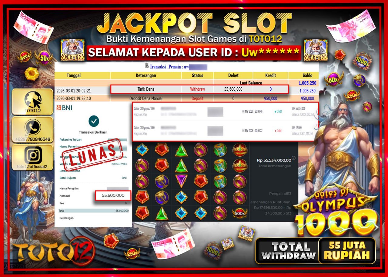 HANYA DI TOTO12 JP PASTI DI BAYAR LUNAS DAN CEPAT!!!!!! JACKPOT SLOT GAME (GATES OF OLYMPUS 1000) Rp.55.600.000!!!!