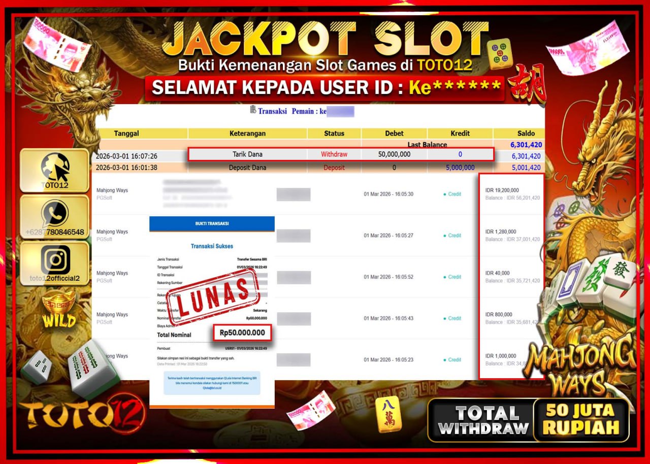 HANYA DI TOTO12 JP PASTI DI BAYAR LUNAS DAN CEPAT!!!!!! JACKPOT SLOT GAME (MAHJONG WAYS) Rp.50.000.000!!!!