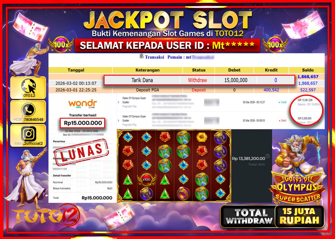HANYA DI TOTO12 JP PASTI DI BAYAR LUNAS DAN CEPAT!!!!!! JACKPOT SLOT GAME (GATES OF OLYMPUS SUPER SCATTER) Rp.15.000.000!!!!
