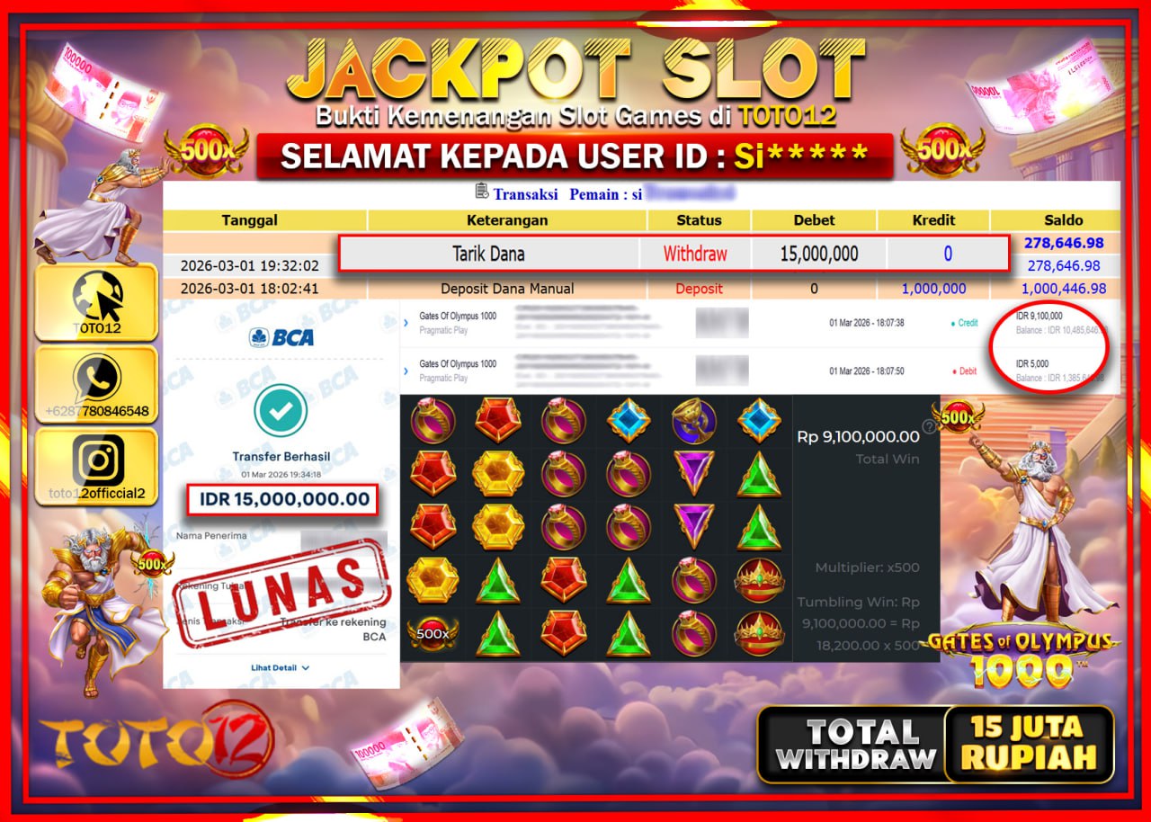 HANYA DI TOTO12 JP PASTI DI BAYAR LUNAS DAN CEPAT!!!!!! JACKPOT SLOT GAME (GATES OF OLYMPUS 1000) Rp.15.000.000!!!!