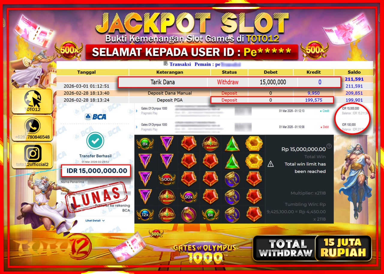 HANYA DI TOTO12 JP PASTI DI BAYAR LUNAS DAN CEPAT!!!!!! JACKPOT SLOT GAME (GATES OF OLYMPUS 1000) Rp.15.000.000!!!!