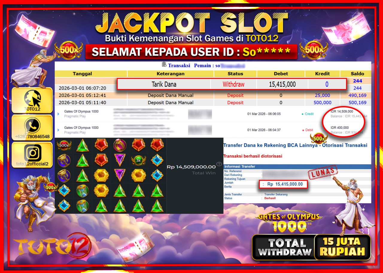 HANYA DI TOTO12 JP PASTI DI BAYAR LUNAS DAN CEPAT!!!!!! JACKPOT SLOT GAME (GATES OF OLYMPUS 1000) Rp.15.415.000!!!!