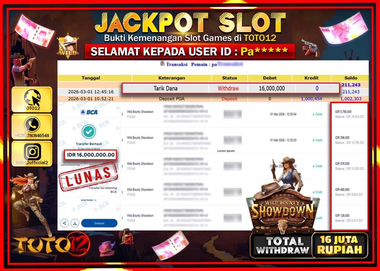 HANYA DI TOTO12 JP PASTI DI BAYAR LUNAS DAN CEPAT!!!!!! JACKPOT SLOT GAME (WILD BOUNTY SHOWDOWN) Rp.16.000.000!!!!