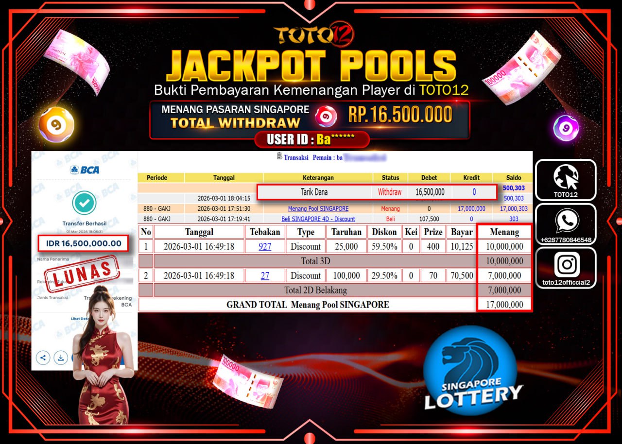 HANYA DI TOTO12 JP PASTI DI BAYAR LUNAS DAN CEPAT!!!!!! JACKPOT POOLS PASARAN (SINGAPORE) Rp.16.500.000!!!!