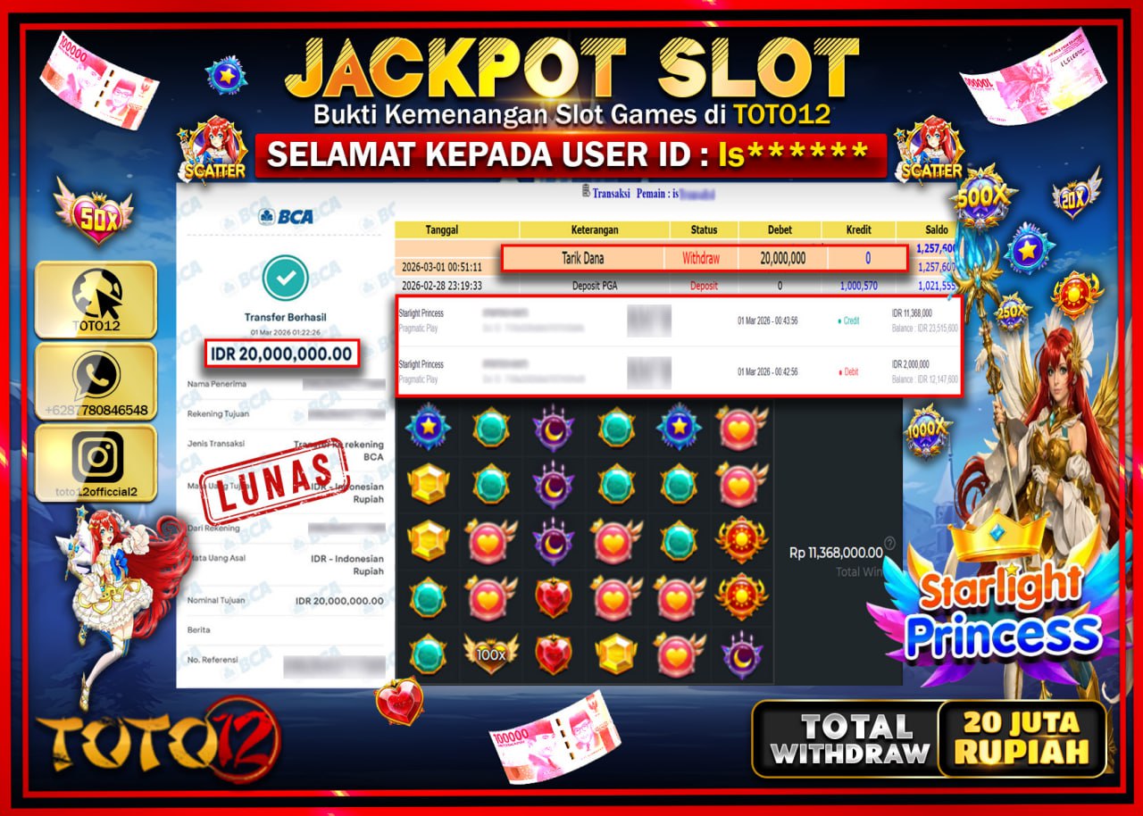HANYA DI TOTO12 JP PASTI DI BAYAR LUNAS DAN CEPAT!!!!!! JACKPOT SLOT GAME (STARLIGHT PRINCESS) Rp.20.000.000!!!!