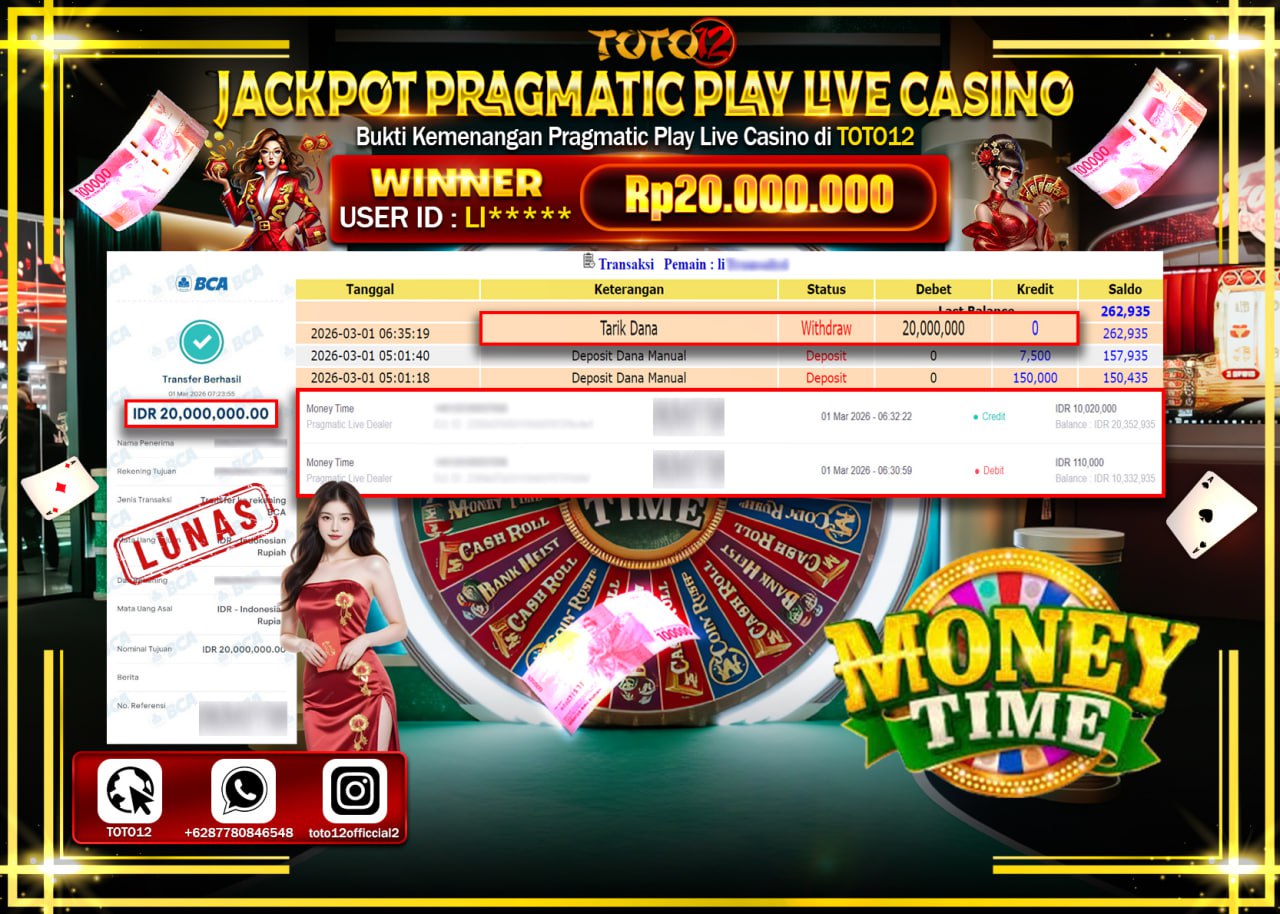 HANYA DI TOTO12 JP PASTI DI BAYAR LUNAS DAN CEPAT!!!!!! JACKPOT PRAGMATIC PLAY LIVE GAME CASINO (MONEY TIME) Rp.20.000.000!!!!