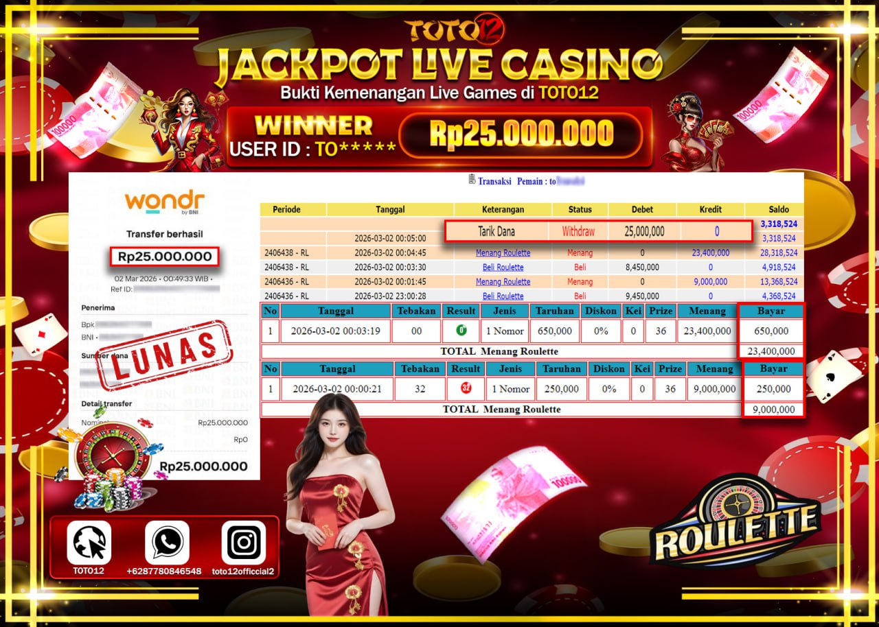 HANYA DI TOTO12 JP PASTI DI BAYAR LUNAS DAN CEPAT!!!!!! JACKPOT LIVE GAMES CASINO (ROULLET) Rp.25.000.000!!!!