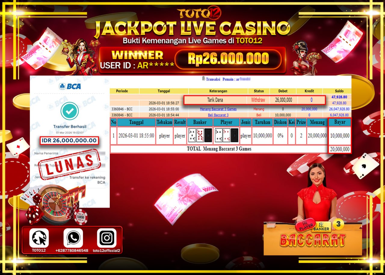 HANYA DI TOTO12 JP PASTI DI BAYAR LUNAS DAN CEPAT!!!!!! JACKPOT LIVE GAMES CASINO (BACCARAT) Rp.26.000.000!!!!