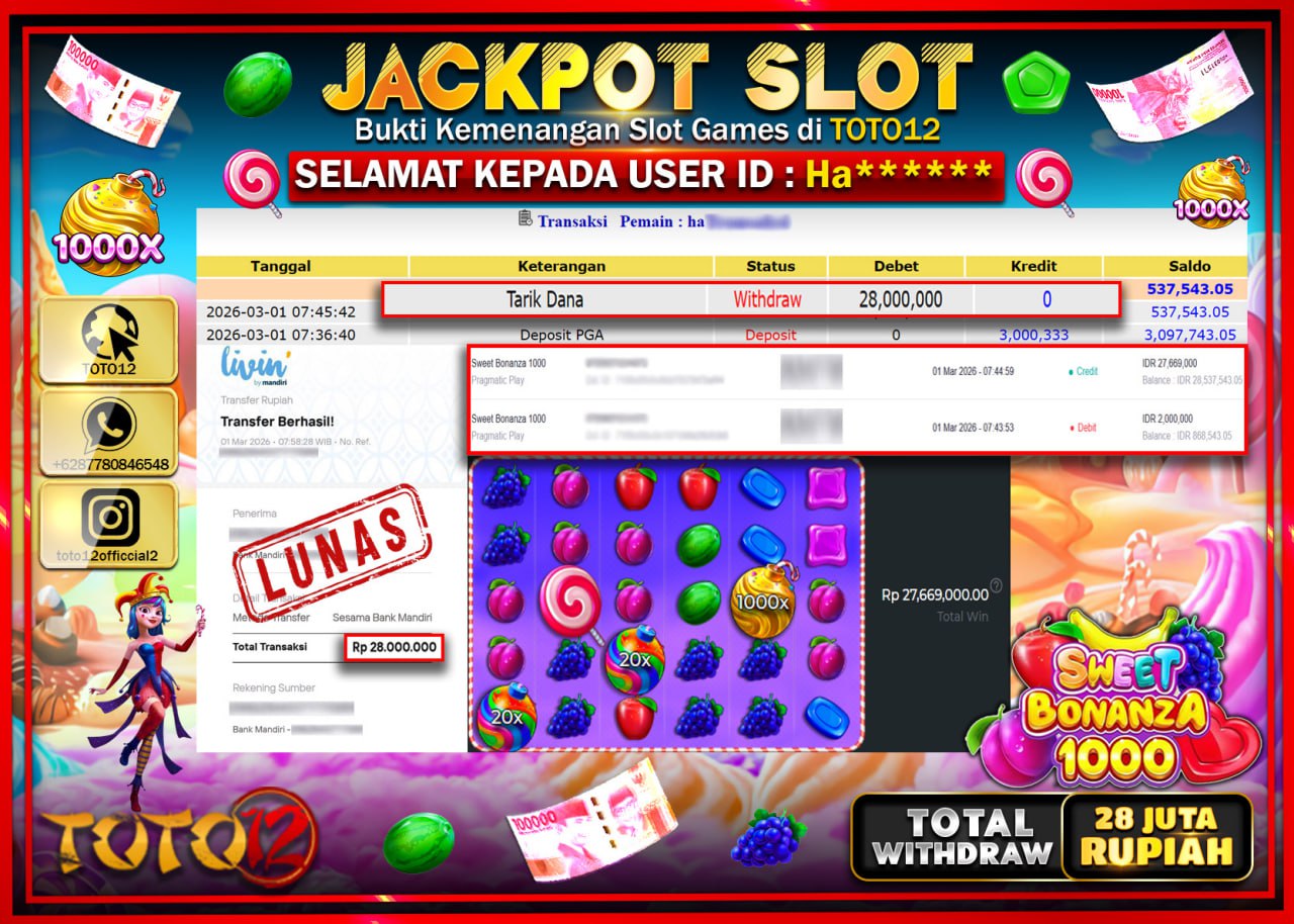 HANYA DI TOTO12 JP PASTI DI BAYAR LUNAS DAN CEPAT!!!!!! JACKPOT SLOT GAME (SWEET BONANZA 1000) Rp.28.000.000!!!!