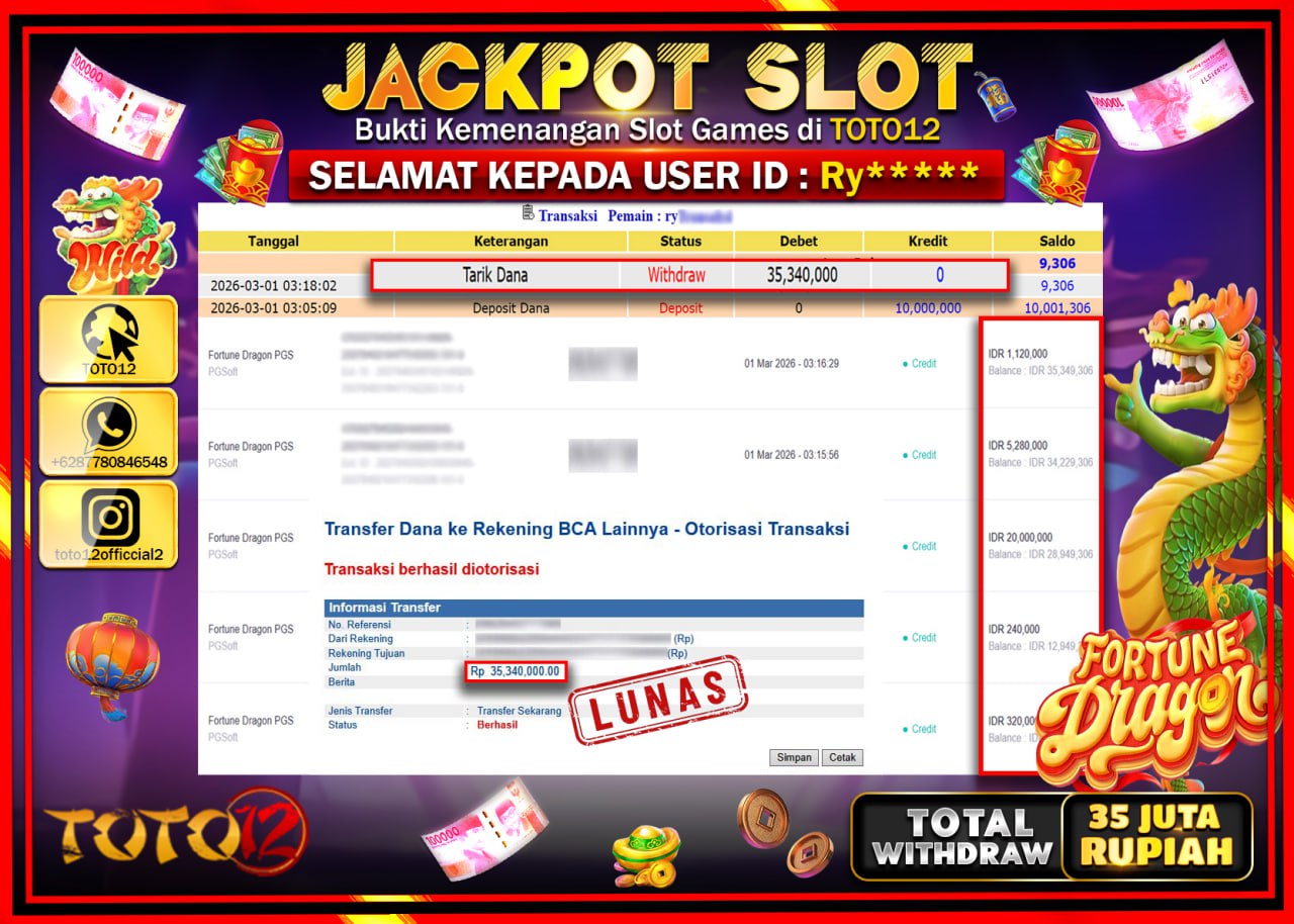 HANYA DI TOTO12 JP PASTI DI BAYAR LUNAS DAN CEPAT!!!!!! JACKPOT SLOT GAME (FORTUNE DRAGON) Rp.35.340.000!!!!
