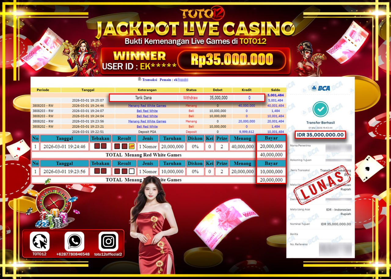 HANYA DI TOTO12 JP PASTI DI BAYAR LUNAS DAN CEPAT!!!!!! JACKPOT LIVE GAMES CASINO (RED WHITE) Rp.35.000.000!!!!