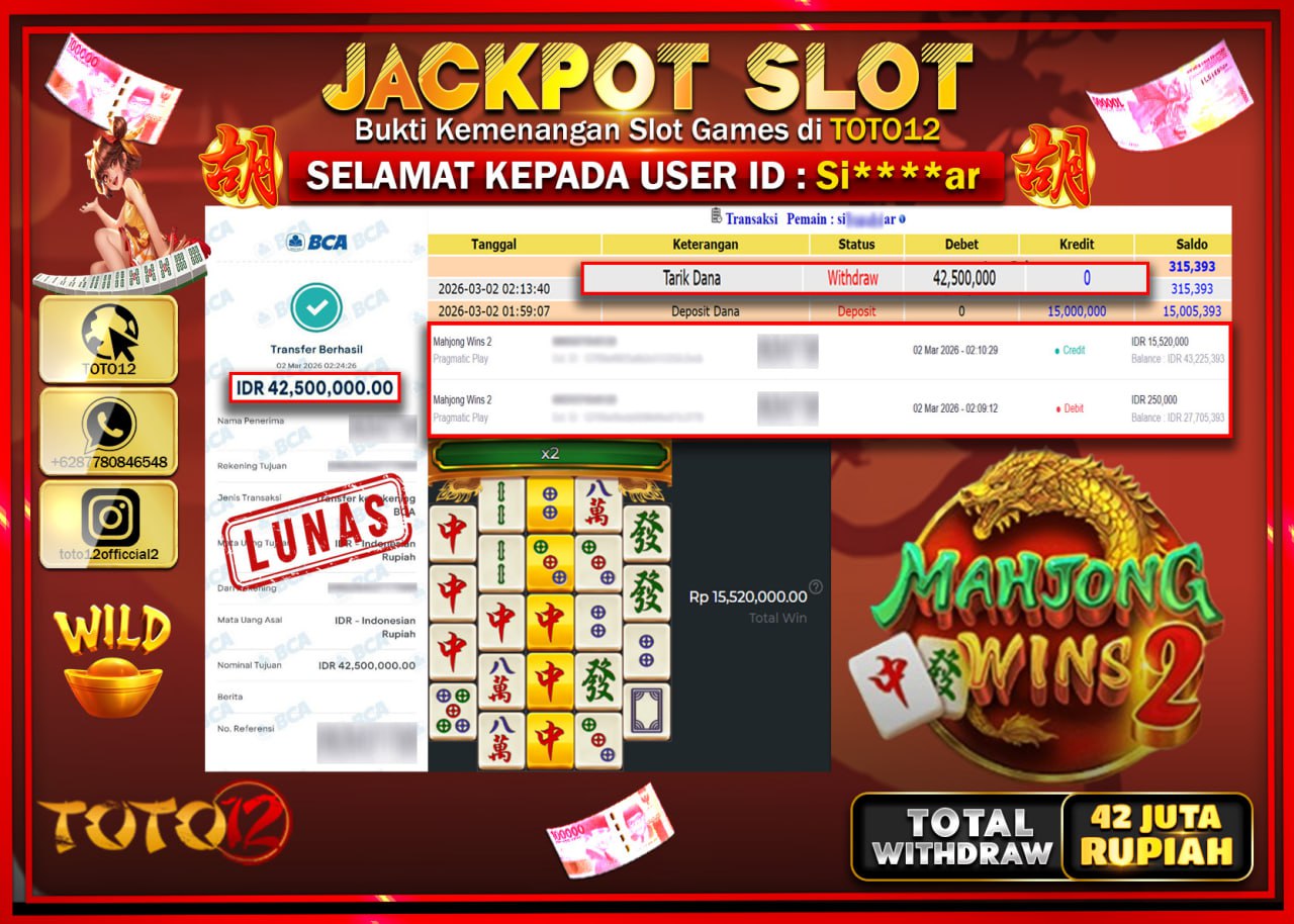 HANYA DI TOTO12 JP PASTI DI BAYAR LUNAS DAN CEPAT!!!!!! JACKPOT SLOT GAME (MAHJONG WINS 2) Rp.42.500.000!!!!