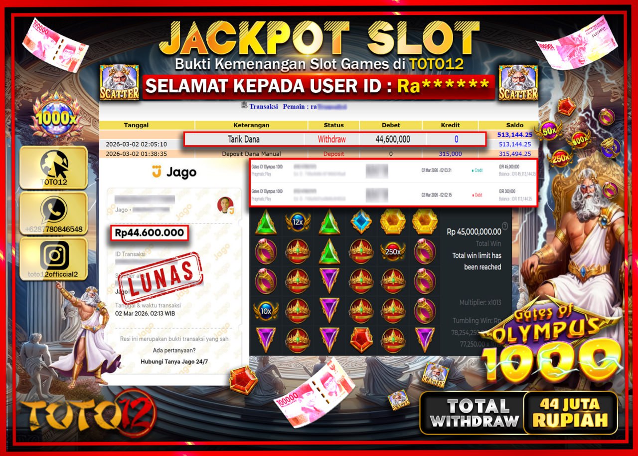 HANYA DI TOTO12 JP PASTI DI BAYAR LUNAS DAN CEPAT!!!!!! JACKPOT SLOT GAME (GATES OF OLYMPUS 1000) Rp.44.600.000!!!!
