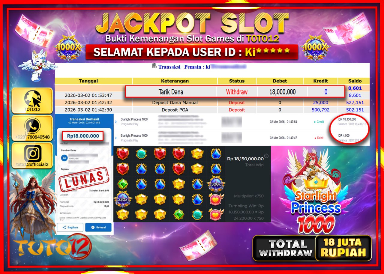 HANYA DI TOTO12 JP PASTI DI BAYAR LUNAS DAN CEPAT!!!!!! JACKPOT SLOT GAME (STARLIGHT PRINCESS 1000) Rp.18.000.000!!!!