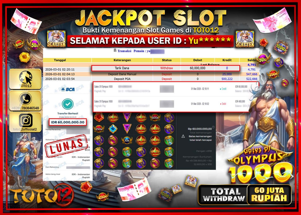 HANYA DI TOTO12 JP PASTI DI BAYAR LUNAS DAN CEPAT!!!!!! JACKPOT SLOT GAME (GATES OF OLYMPUS 1000) Rp.60.000.000!!!!