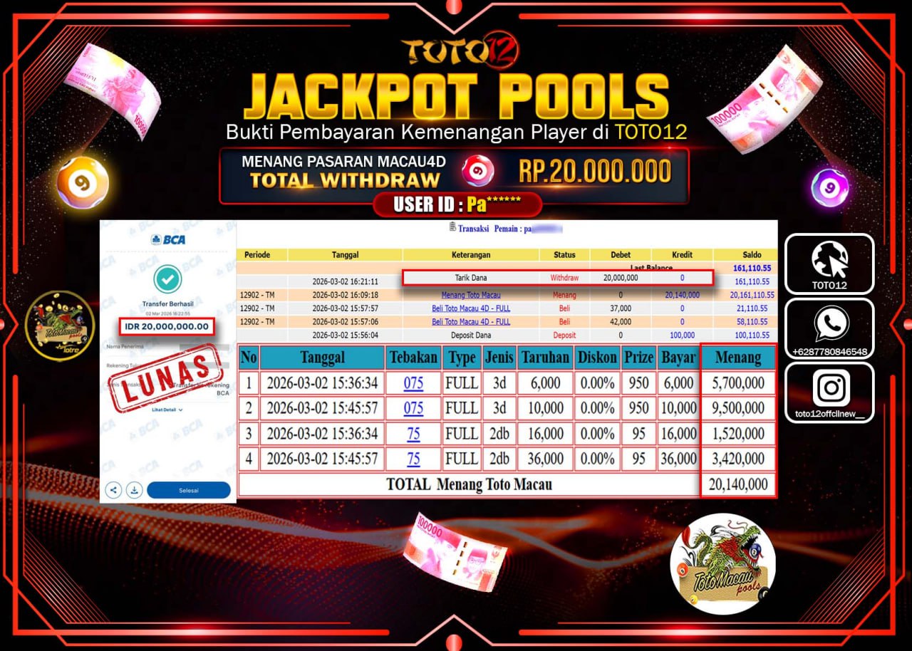 HANYA DI TOTO12 JP PASTI DI BAYAR LUNAS DAN CEPAT!!!!!! JACKPOT POOLS PASARAN (TOTO MACAU 4D) Rp.20.000.000!!!!