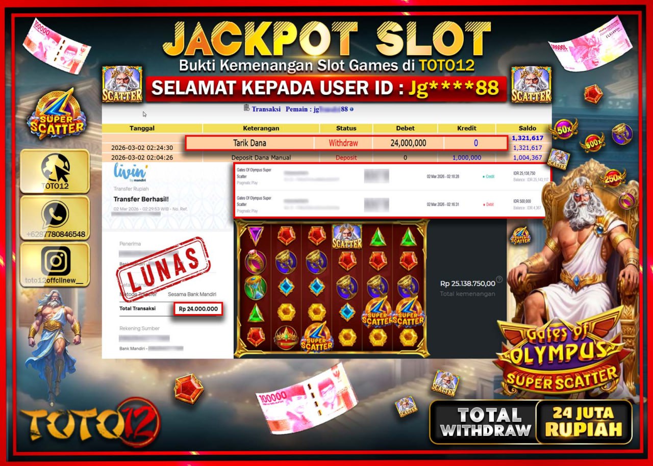 HANYA DI TOTO12 JP PASTI DI BAYAR LUNAS DAN CEPAT!!!!!! JACKPOT SLOT GAME (GATES OF OLYMPUS SUPER SCATTER) Rp.24.000.000!!!!