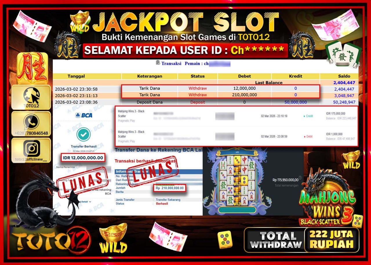 HANYA DI TOTO12 JP PASTI DI BAYAR LUNAS DAN CEPAT!!!!!! JACKPOT SLOT GAME (MAHJONG WINS 3 BLACK SCATTER) Rp.222.000.000!!!!