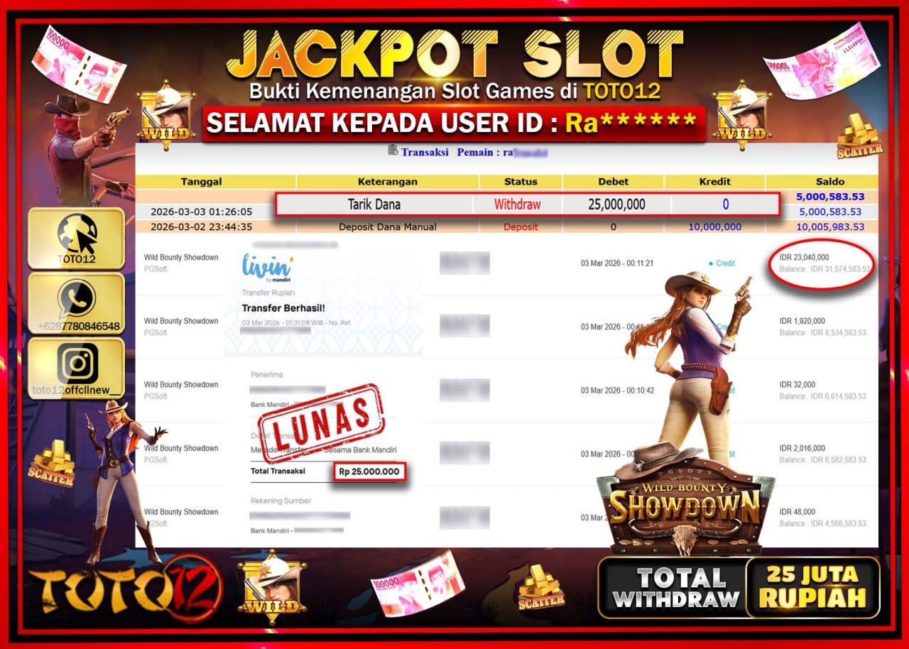 HANYA DI TOTO12 JP PASTI DI BAYAR LUNAS DAN CEPAT!!!!!! JACKPOT SLOT GAME (WILD BOUNTY SHOWDOWN) Rp.25.000.000!!!!